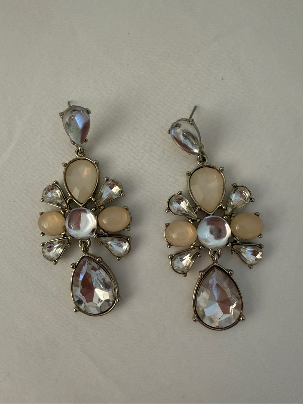 Crystal Teardrop Floral Statement Earrings - White/Clear